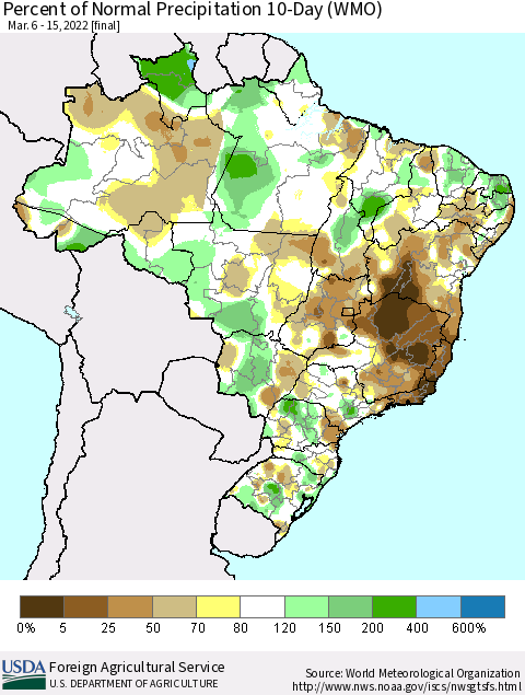 Brazil Percent of Normal Precipitation 10-Day (WMO) Thematic Map For 3/6/2022 - 3/15/2022
