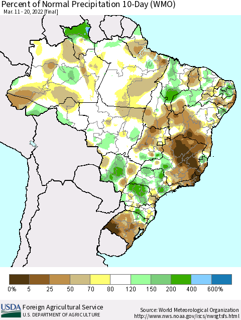 Brazil Percent of Normal Precipitation 10-Day (WMO) Thematic Map For 3/11/2022 - 3/20/2022
