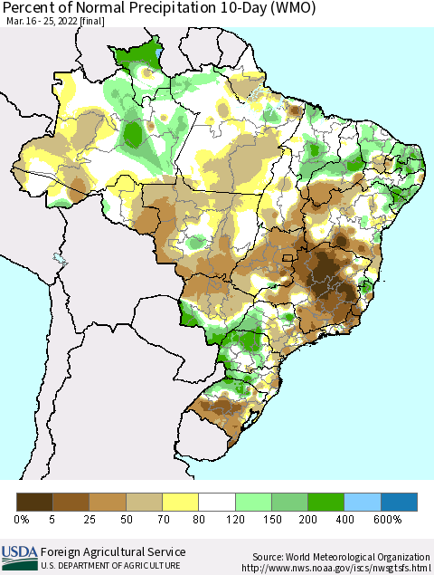 Brazil Percent of Normal Precipitation 10-Day (WMO) Thematic Map For 3/16/2022 - 3/25/2022