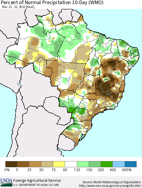 Brazil Percent of Normal Precipitation 10-Day (WMO) Thematic Map For 3/21/2022 - 3/31/2022
