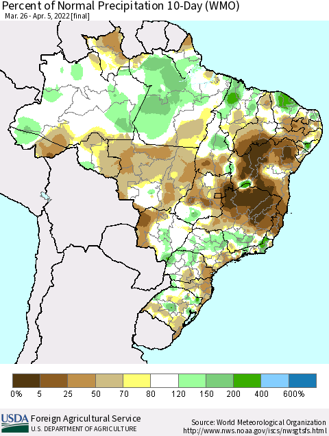 Brazil Percent of Normal Precipitation 10-Day (WMO) Thematic Map For 3/26/2022 - 4/5/2022
