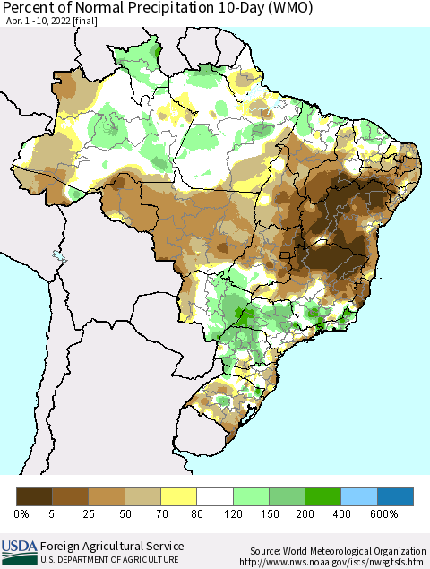 Brazil Percent of Normal Precipitation 10-Day (WMO) Thematic Map For 4/1/2022 - 4/10/2022