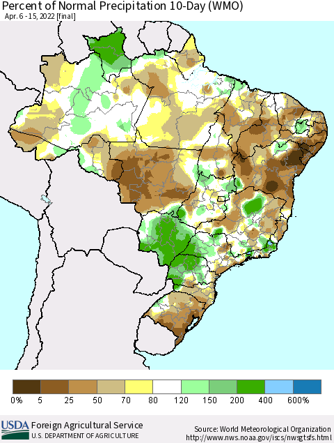 Brazil Percent of Normal Precipitation 10-Day (WMO) Thematic Map For 4/6/2022 - 4/15/2022