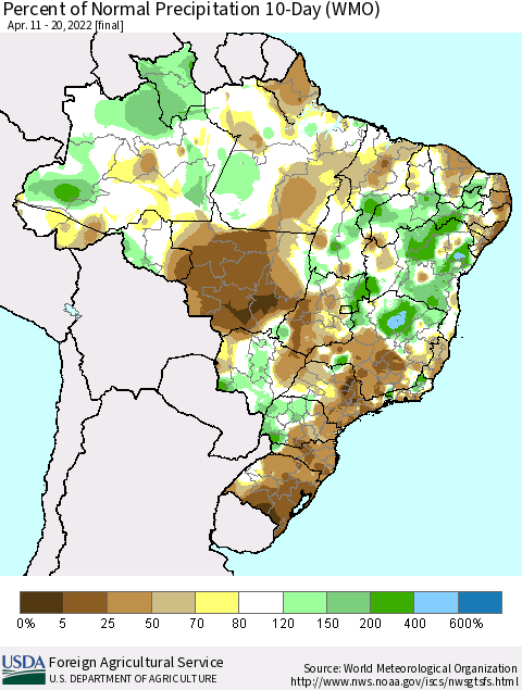 Brazil Percent of Normal Precipitation 10-Day (WMO) Thematic Map For 4/11/2022 - 4/20/2022