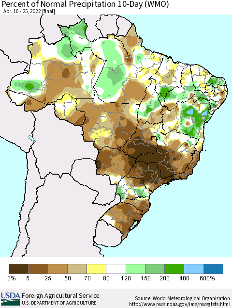 Brazil Percent of Normal Precipitation 10-Day (WMO) Thematic Map For 4/16/2022 - 4/25/2022