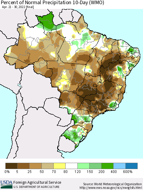 Brazil Percent of Normal Precipitation 10-Day (WMO) Thematic Map For 4/21/2022 - 4/30/2022