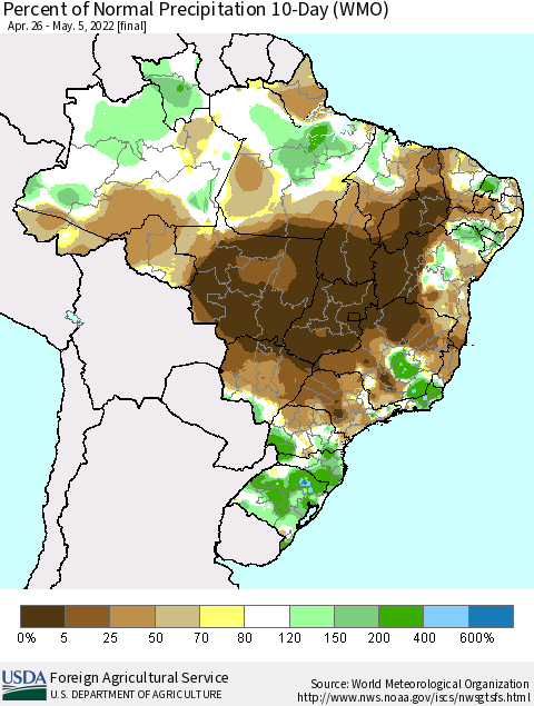 Brazil Percent of Normal Precipitation 10-Day (WMO) Thematic Map For 4/26/2022 - 5/5/2022
