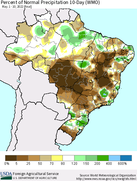 Brazil Percent of Normal Precipitation 10-Day (WMO) Thematic Map For 5/1/2022 - 5/10/2022