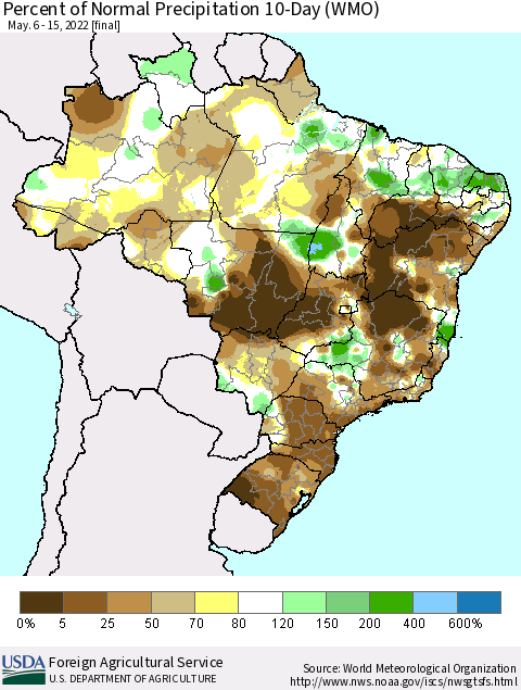 Brazil Percent of Normal Precipitation 10-Day (WMO) Thematic Map For 5/6/2022 - 5/15/2022