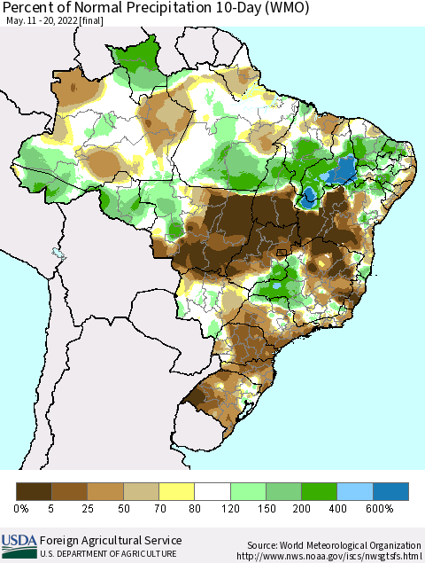 Brazil Percent of Normal Precipitation 10-Day (WMO) Thematic Map For 5/11/2022 - 5/20/2022