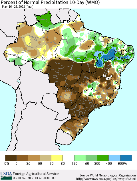 Brazil Percent of Normal Precipitation 10-Day (WMO) Thematic Map For 5/16/2022 - 5/25/2022