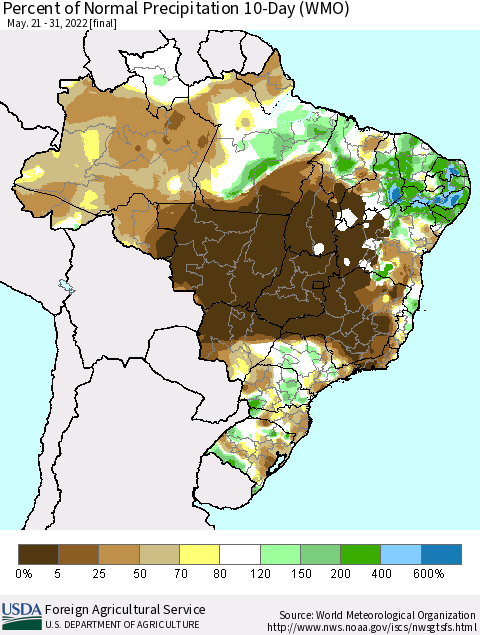 Brazil Percent of Normal Precipitation 10-Day (WMO) Thematic Map For 5/21/2022 - 5/31/2022