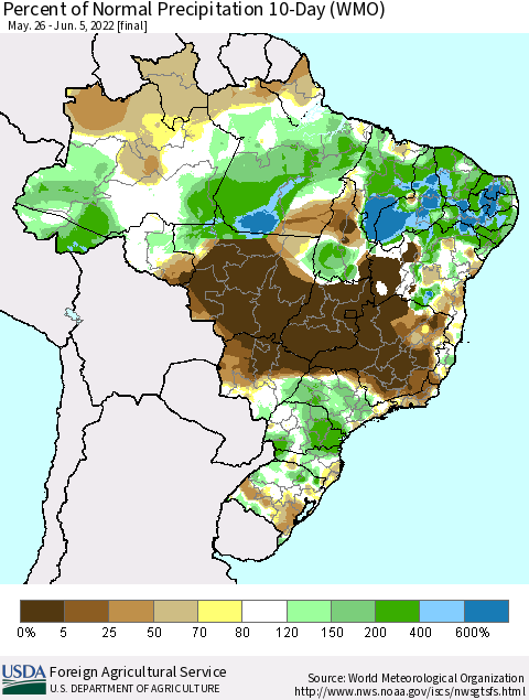 Brazil Percent of Normal Precipitation 10-Day (WMO) Thematic Map For 5/26/2022 - 6/5/2022