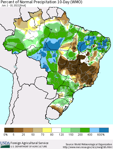 Brazil Percent of Normal Precipitation 10-Day (WMO) Thematic Map For 6/1/2022 - 6/10/2022