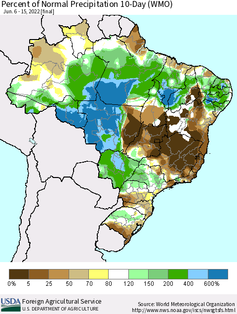 Brazil Percent of Normal Precipitation 10-Day (WMO) Thematic Map For 6/6/2022 - 6/15/2022