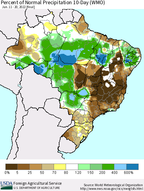 Brazil Percent of Normal Precipitation 10-Day (WMO) Thematic Map For 6/11/2022 - 6/20/2022