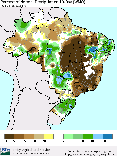 Brazil Percent of Normal Precipitation 10-Day (WMO) Thematic Map For 6/16/2022 - 6/25/2022