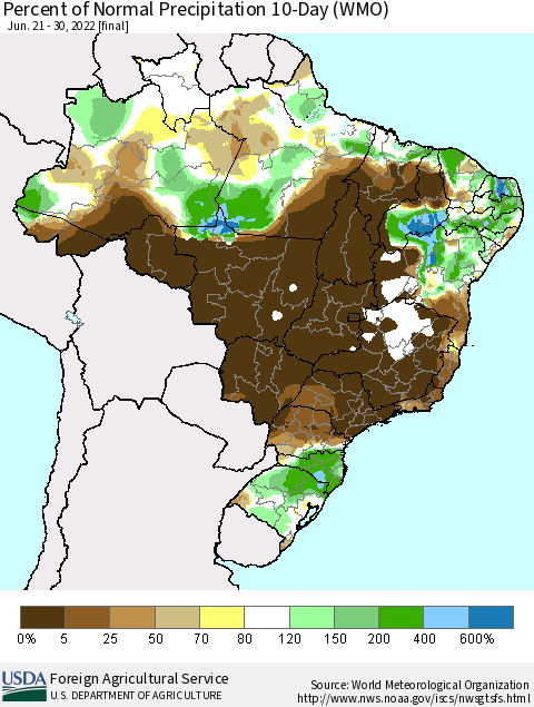 Brazil Percent of Normal Precipitation 10-Day (WMO) Thematic Map For 6/21/2022 - 6/30/2022