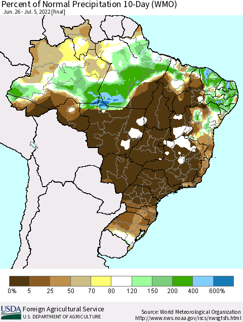 Brazil Percent of Normal Precipitation 10-Day (WMO) Thematic Map For 6/26/2022 - 7/5/2022