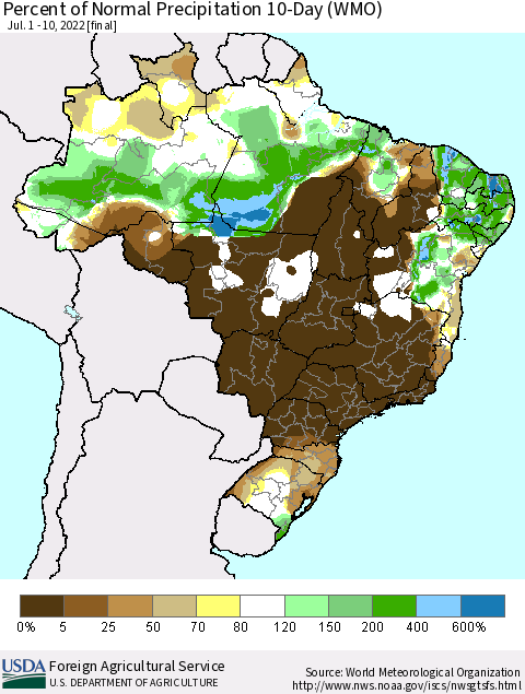 Brazil Percent of Normal Precipitation 10-Day (WMO) Thematic Map For 7/1/2022 - 7/10/2022