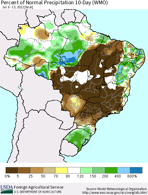 Brazil Percent of Normal Precipitation 10-Day (WMO) Thematic Map For 7/6/2022 - 7/15/2022
