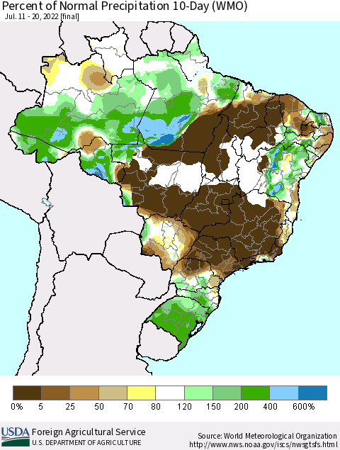 Brazil Percent of Normal Precipitation 10-Day (WMO) Thematic Map For 7/11/2022 - 7/20/2022