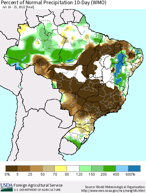 Brazil Percent of Normal Precipitation 10-Day (WMO) Thematic Map For 7/16/2022 - 7/25/2022