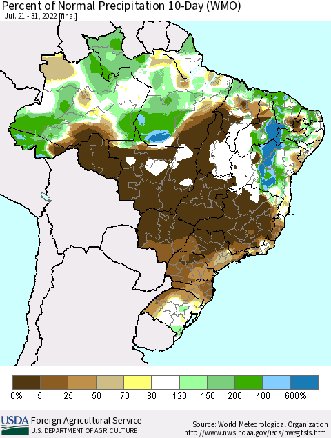 Brazil Percent of Normal Precipitation 10-Day (WMO) Thematic Map For 7/21/2022 - 7/31/2022