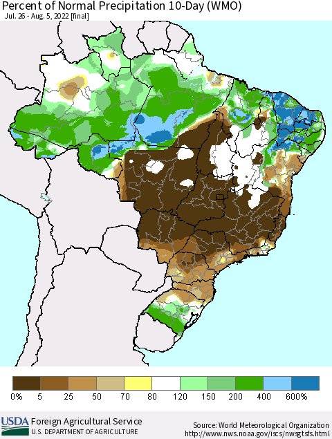 Brazil Percent of Normal Precipitation 10-Day (WMO) Thematic Map For 7/26/2022 - 8/5/2022