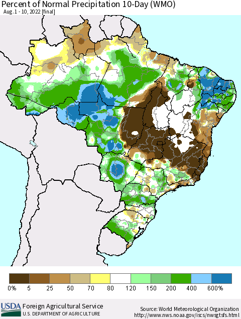 Brazil Percent of Normal Precipitation 10-Day (WMO) Thematic Map For 8/1/2022 - 8/10/2022