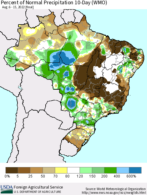 Brazil Percent of Normal Precipitation 10-Day (WMO) Thematic Map For 8/6/2022 - 8/15/2022