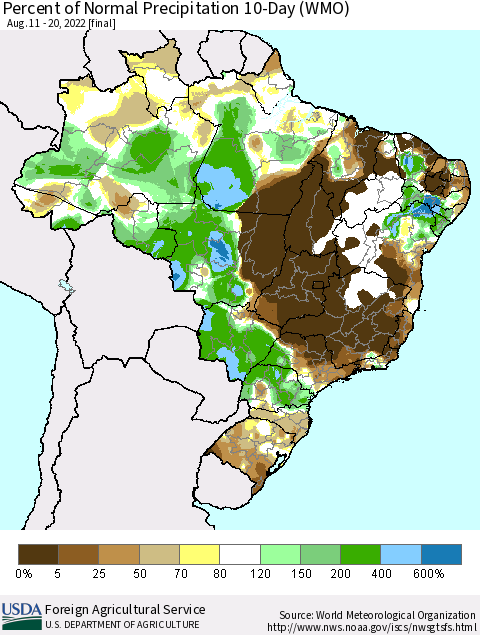 Brazil Percent of Normal Precipitation 10-Day (WMO) Thematic Map For 8/11/2022 - 8/20/2022