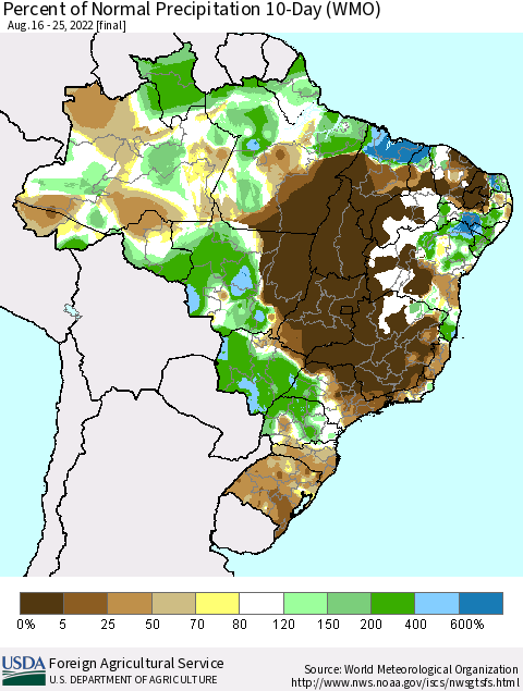 Brazil Percent of Normal Precipitation 10-Day (WMO) Thematic Map For 8/16/2022 - 8/25/2022