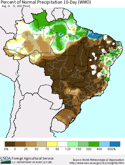 Brazil Percent of Normal Precipitation 10-Day (WMO) Thematic Map For 8/21/2022 - 8/31/2022