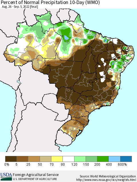 Brazil Percent of Normal Precipitation 10-Day (WMO) Thematic Map For 8/26/2022 - 9/5/2022
