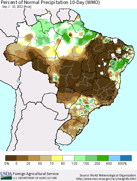 Brazil Percent of Normal Precipitation 10-Day (WMO) Thematic Map For 9/1/2022 - 9/10/2022