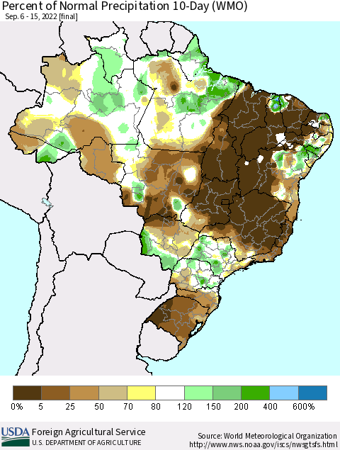 Brazil Percent of Normal Precipitation 10-Day (WMO) Thematic Map For 9/6/2022 - 9/15/2022
