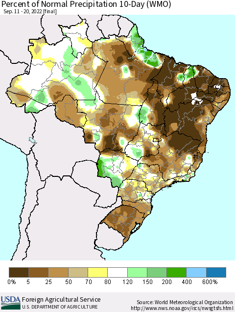 Brazil Percent of Normal Precipitation 10-Day (WMO) Thematic Map For 9/11/2022 - 9/20/2022