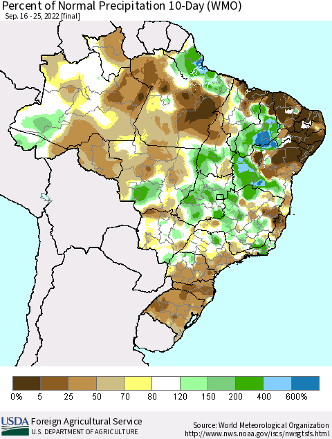 Brazil Percent of Normal Precipitation 10-Day (WMO) Thematic Map For 9/16/2022 - 9/25/2022