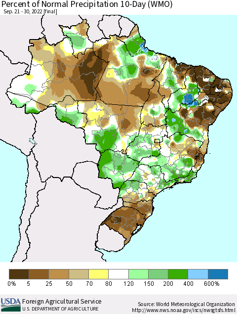 Brazil Percent of Normal Precipitation 10-Day (WMO) Thematic Map For 9/21/2022 - 9/30/2022