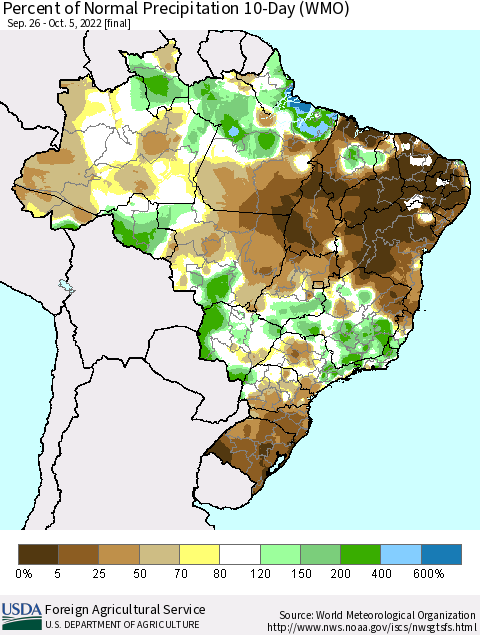 Brazil Percent of Normal Precipitation 10-Day (WMO) Thematic Map For 9/26/2022 - 10/5/2022