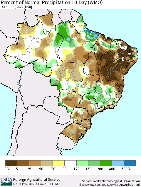 Brazil Percent of Normal Precipitation 10-Day (WMO) Thematic Map For 10/1/2022 - 10/10/2022