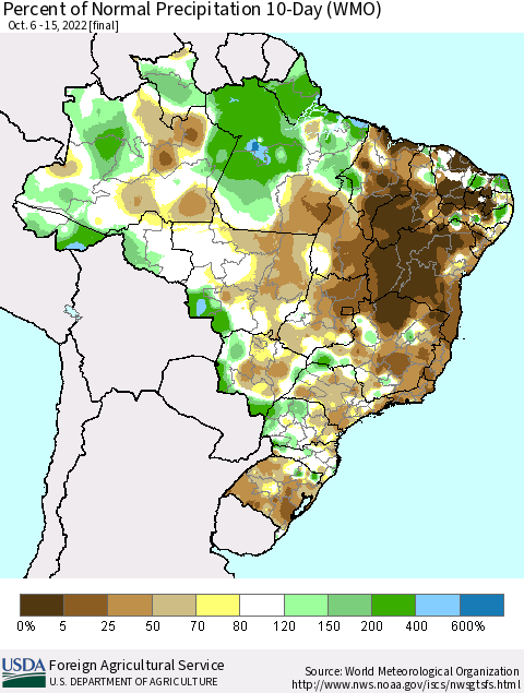 Brazil Percent of Normal Precipitation 10-Day (WMO) Thematic Map For 10/6/2022 - 10/15/2022
