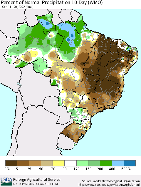 Brazil Percent of Normal Precipitation 10-Day (WMO) Thematic Map For 10/11/2022 - 10/20/2022