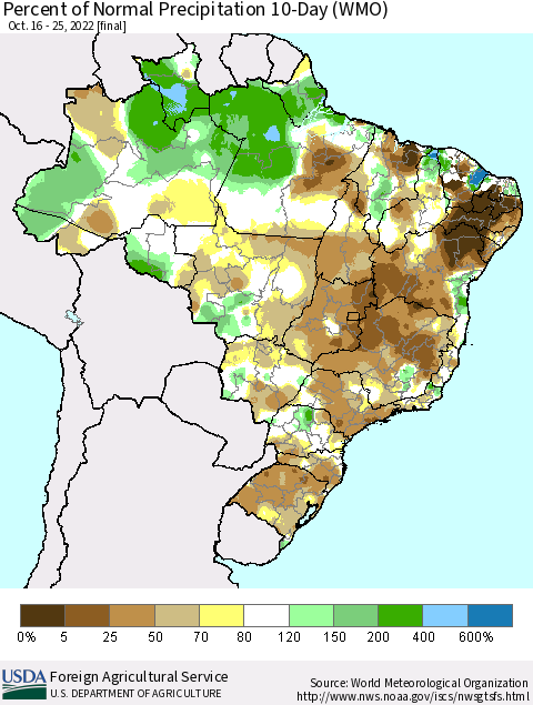 Brazil Percent of Normal Precipitation 10-Day (WMO) Thematic Map For 10/16/2022 - 10/25/2022