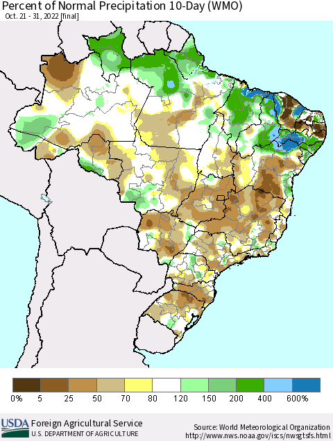 Brazil Percent of Normal Precipitation 10-Day (WMO) Thematic Map For 10/21/2022 - 10/31/2022