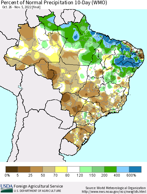 Brazil Percent of Normal Precipitation 10-Day (WMO) Thematic Map For 10/26/2022 - 11/5/2022