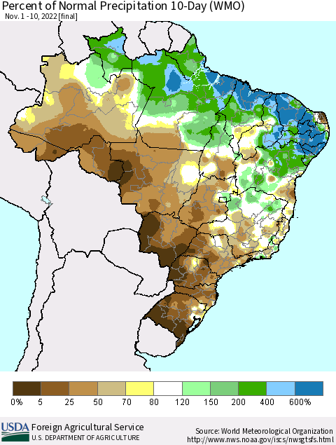 Brazil Percent of Normal Precipitation 10-Day (WMO) Thematic Map For 11/1/2022 - 11/10/2022