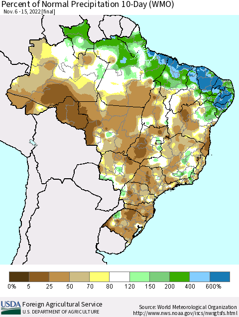 Brazil Percent of Normal Precipitation 10-Day (WMO) Thematic Map For 11/6/2022 - 11/15/2022