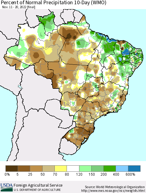 Brazil Percent of Normal Precipitation 10-Day (WMO) Thematic Map For 11/11/2022 - 11/20/2022
